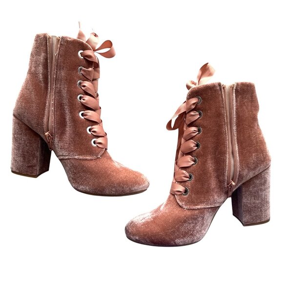 Kenneth Cole Reaction Corrine Pink Velvet Ribbon Lace-Up Granny Boots Size 7.5 - Picture 3 of 8